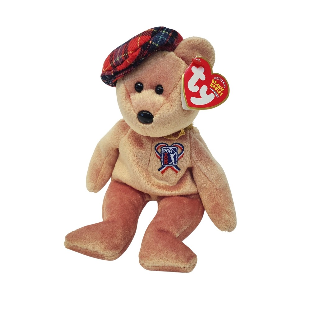Ty Beanie Baby ChariTee PGA Tour Golf Bear Tan Plaid Hat 2004 Collectible Plush